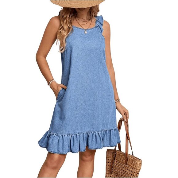 Dresses & Skirts - Women's Denim Tank Dress Soft Breathable Ruffle Hem Sleeveless Vacation